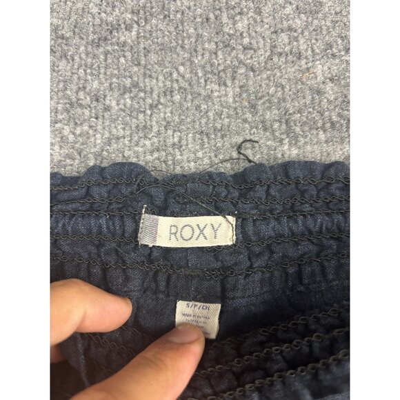 Roxy Oceanside Pants Womens Medium Navy Linen Blend Drawstring Beach Flare Leg - Picture 2 of 9